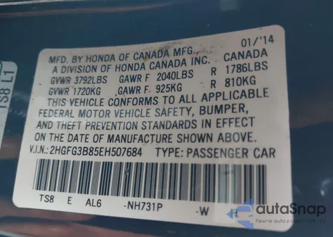 2014 Honda Civic Ex z USA, uszkodzony, nr VIN 2HGFG3B85EH507684